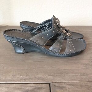 Clarks Black Leather Studded Wedge Sandals Mules Metallic Boho Casual Womens 7.5
